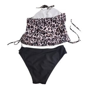 Bikini Swimsuit Women's Pink Leopard Print Padded 2 Piece Halter Set Size Large